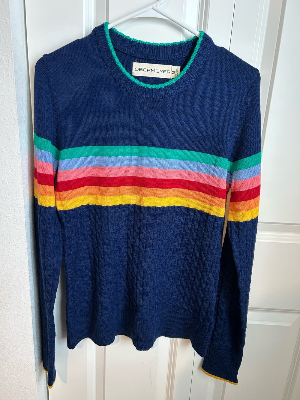 Obermeyer Vintage Rainbow Stripe Navy Cable Knit Ski Sweater